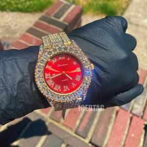 Full Iced Out Gold Plated Red Face Stylish Luxury Party Watch